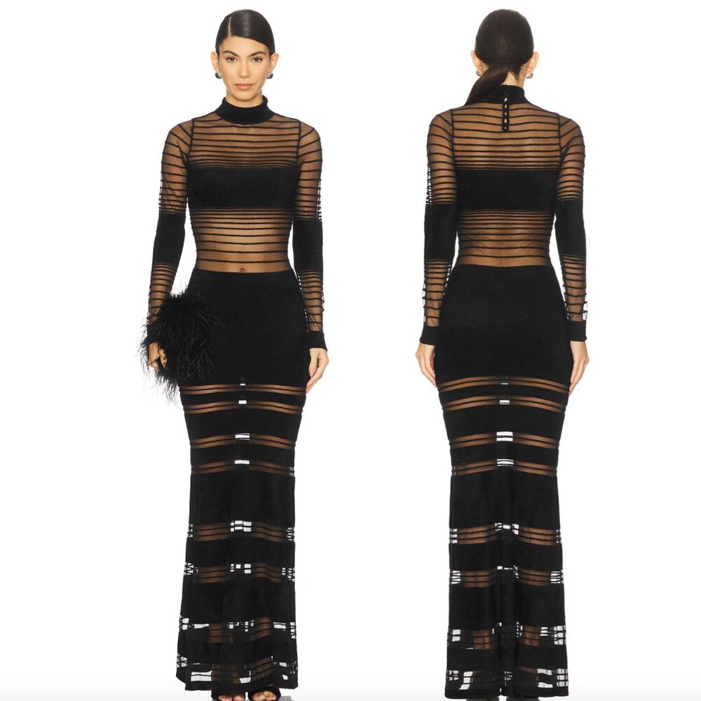 NEW retrofete Johanne Maxi Dress in Black Long Sleeve Sheer Striped - Picture 1 of 3